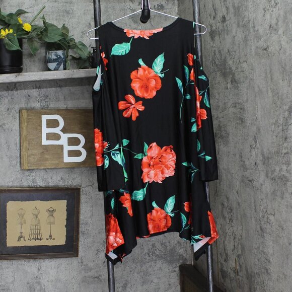 NEW White Mark 3/4 Sleeve Plus Size Cold Shoulder Knit Shirt Top Black Multi 2X - Picture 2 of 5